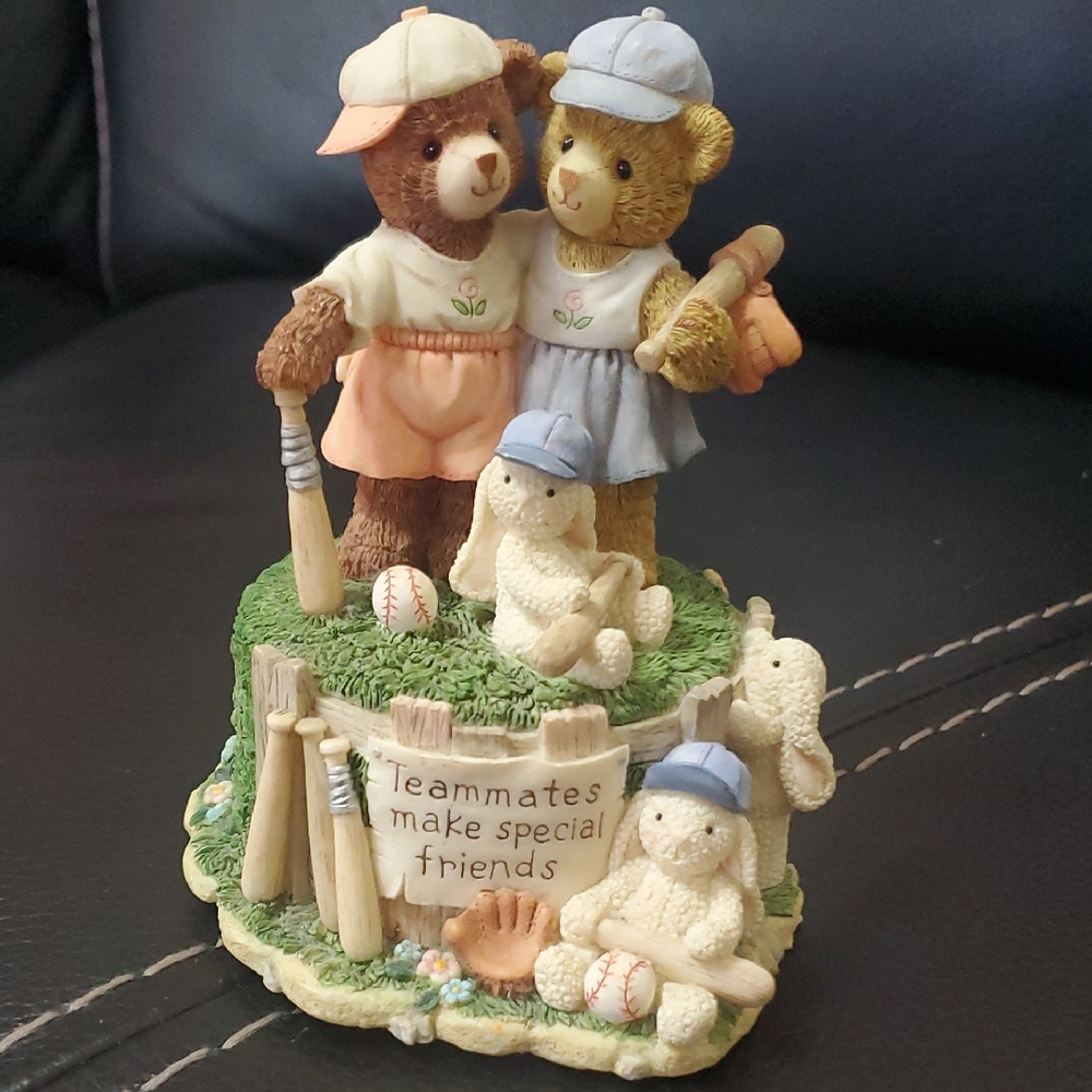 Matthew Danko Music Box Baseball Bears Figurine with Blue and Pink Outfits